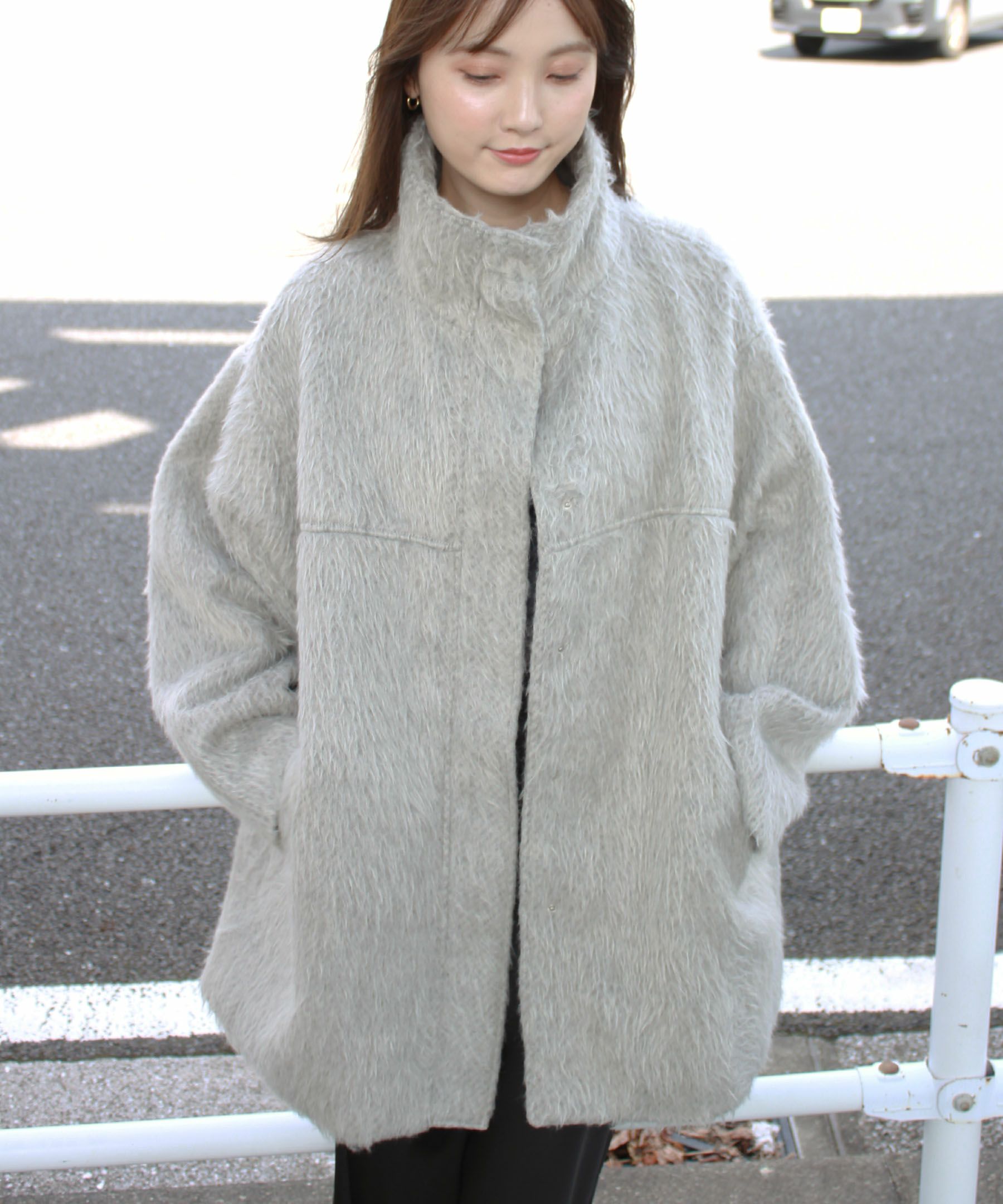 shaggy stand collar middle coat | Reurie'（レウリィ）