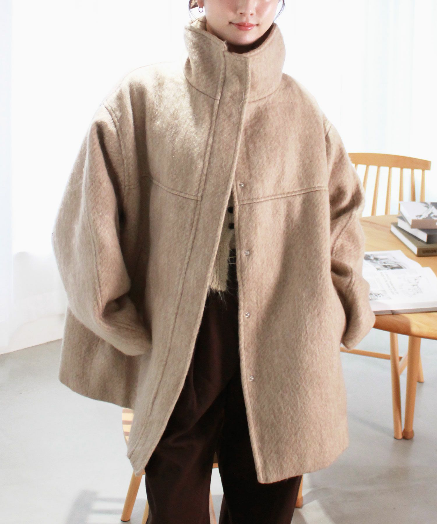 shaggy stand collar middle coat | Reurie'（レウリィ）